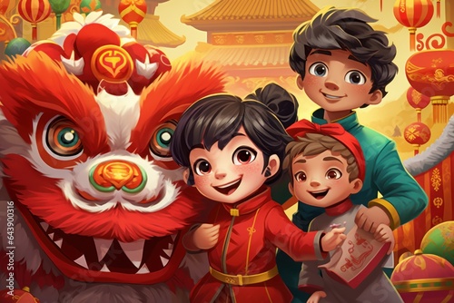 Children Celebrate the Year of Dragon, Lunar New Year Festival, Kids Playing Lion or Dragon Dance.