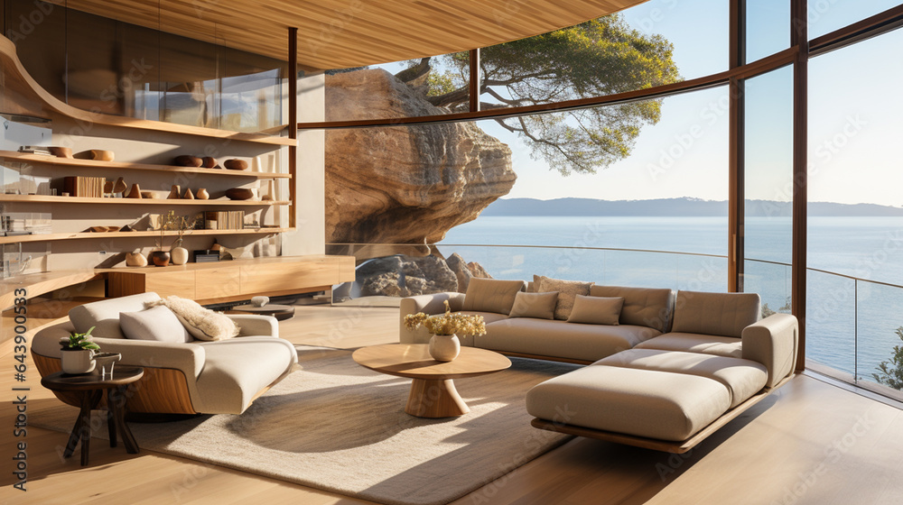 Fototapeta premium Living room interior background with beautiful nature ; sea, beach, ocean view with warm lighting. Living room interior design for home, resort, hotel lifestyle concept