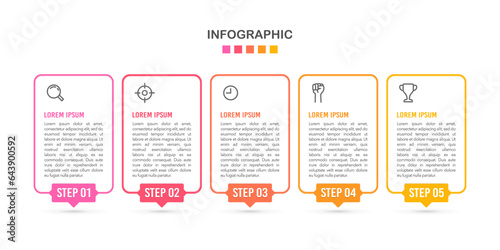 5-step thin line frame infographic design templates. Business workflow project. Vector illustration.