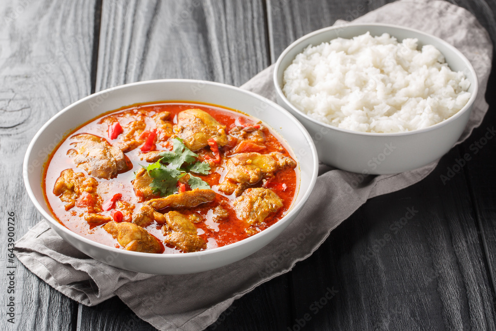 Homemade chicken curry in red spicy sauce served with jasmine rice close-up in a bowl on the table. Horizontal Homemade chicken curry in red spicy sauce served with jasmine rice close-up in a bowl on the table. Horizontal