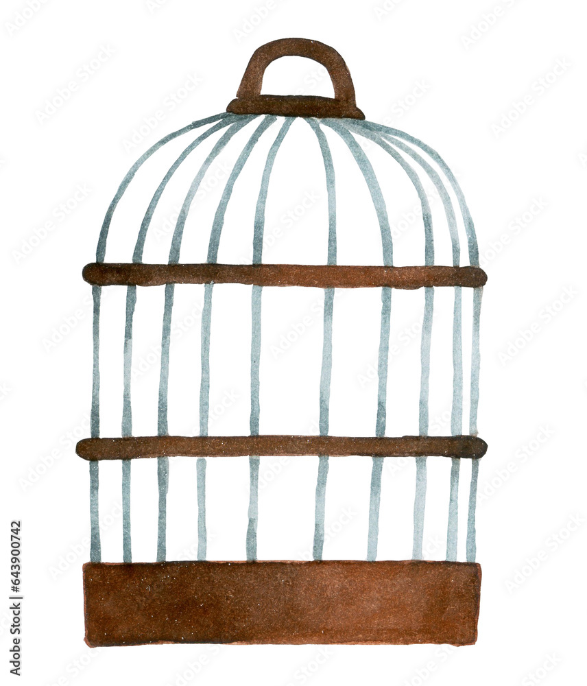 Watercolor drawing, old bird cage. vintage illustration