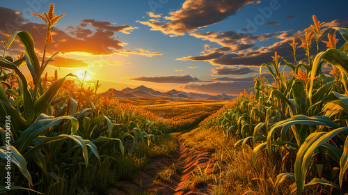 maize field with path during at the sunset