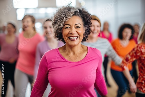 Middle-aged woman standing in a fitness studio, candidly expressing their active lifestyle through zumba with friends.