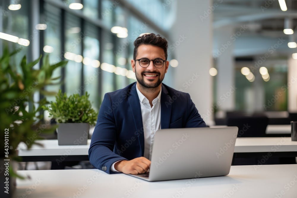 Handsome Latin Businessman Working with Computer, Male Manager Works in Modern Office, Analysis Data Statistics and Business Planning. Handsome Latin Businessman Working with Computer, Male Manager Works in Modern Office, Analysis Data Statistics and Business Planning.