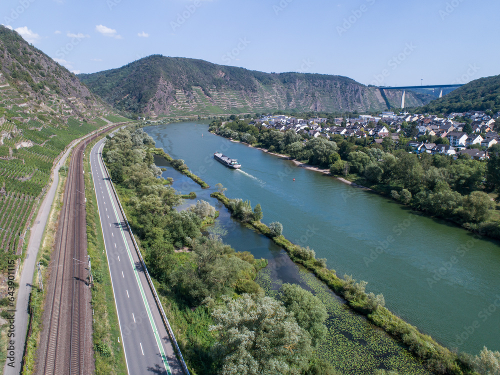 Aerial view Famous German Wine Region Moselle River Lay and Guels village Autumn Fall colors