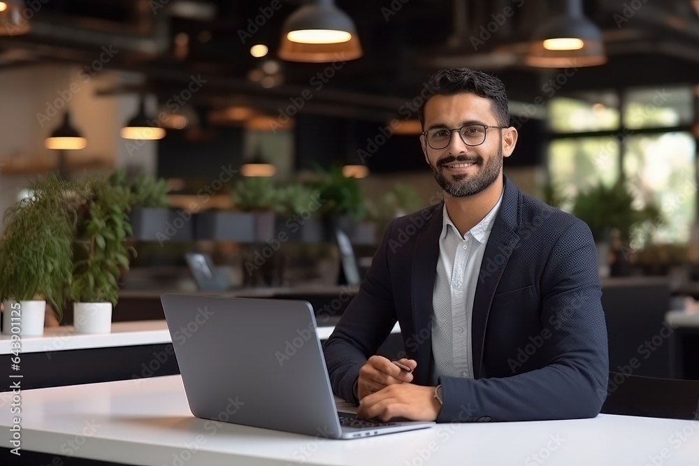 Handsome Latin Businessman Working with Computer, Male Manager Works in Modern Office, Analysis Data Statistics and Business Planning. Handsome Latin Businessman Working with Computer, Male Manager Works in Modern Office, Analysis Data Statistics and Business Planning.