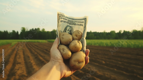 dollar money bag in a hand on freshly watered potato photo