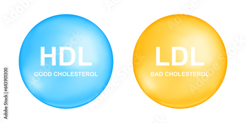 HDL and LDL cholesterol types in blue and yellow ball shapes. Good and bad cholesterin concept. High and low density, lipoprotein icons isolated on white background. Medical infographic photo