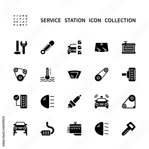 Car service vector silhouette icons set. Collection of auto service station icons.