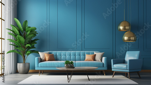 interior design of living room with blue sofa and blue wall 3d rendering