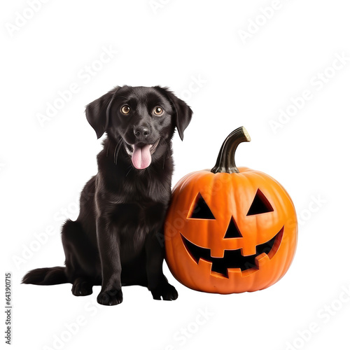 Black dog with halloween pumpkin isolated on a transparent background. © Nima