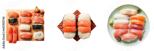 Top view of transparent background with raw salmon and rice nigiri sushi a Japanese delicacy