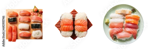 Obraz  z motywem Top view of transparent background with raw salmon and rice nigiri sushi a Japanese delicacy
