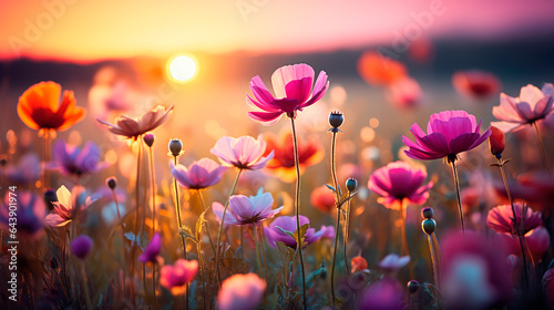 Colorful wild flowers field illuminated by the sunset light © graja