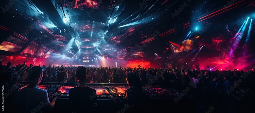 vibrant nightclub scene with a DJ performing on a stage. Colorful lights illuminate the dance floor,Generated with AI