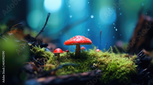 Red Amanita like mushrooms in pristine conifer forest - generative AI