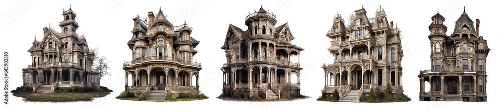 Set Collection of Halloween haunted house Spooky Night, Isolated on transparent background, Realistic Halloween dark house PNG illustrate.