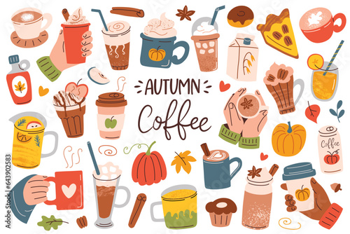 Autumn mood coffee collection  hand drawn set with pumpkin spice drinks  doodle icons of marshmallow latte  cinnamon cappuccino  vector illustration of cups and mugs  halloween menu