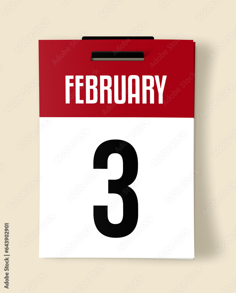 3 February Calendar Date, Realistic calendar sheet hanging on wall 3 February Calendar Date, Realistic calendar sheet hanging on wall