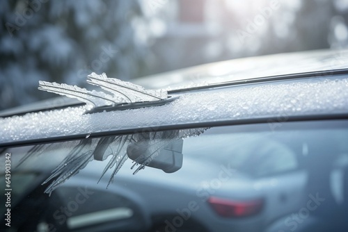 Snow cleaned from car windshield with wiper blades on winter day. Generative AI
