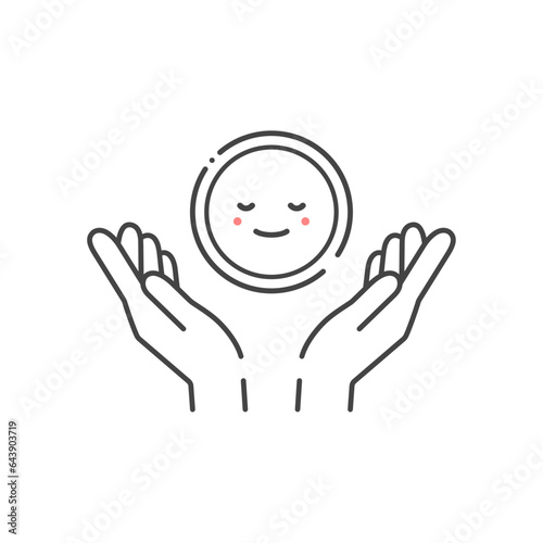 笑顔の丸と人の手のシンプルなアイコン - 何かを守る･安心･サポートなどのイメージ素材