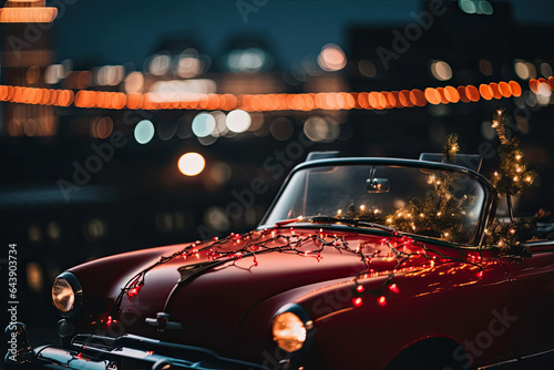 Close up of red car with sparkling Christmas garlands and tree inside