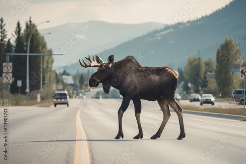 Moose crossing the city road, between trees.
