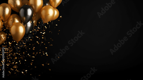 gold balloons and foil confetti falling on black background