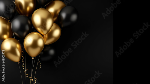 gold and black balloons bunch on black background