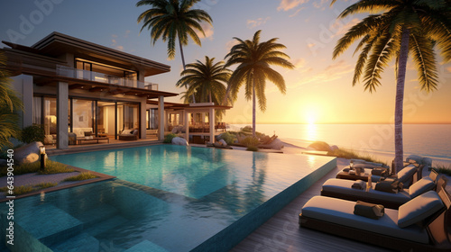 A luxurious beachfront villa, overlooking a pristine turquoise ocean, palm trees swaying gently in the breeze