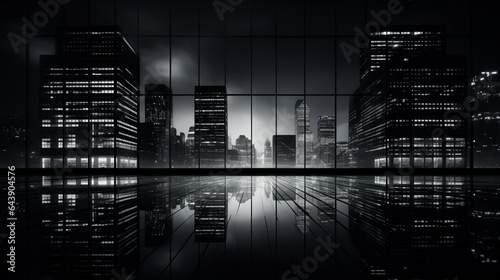 A sleek modern skyscraper, its reflective glass facade capturing the city lights at night