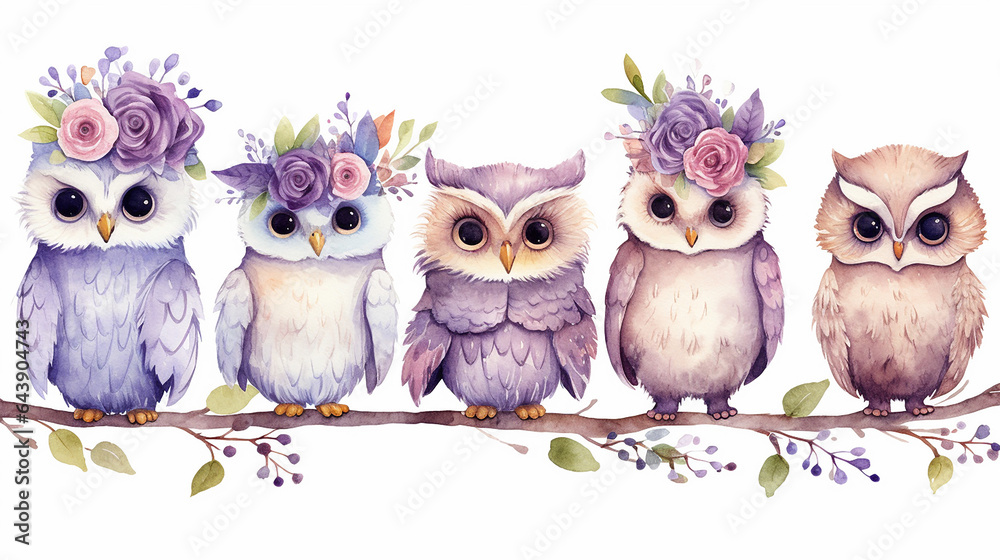 watercolor hand painted owls with flowers and feather on white background