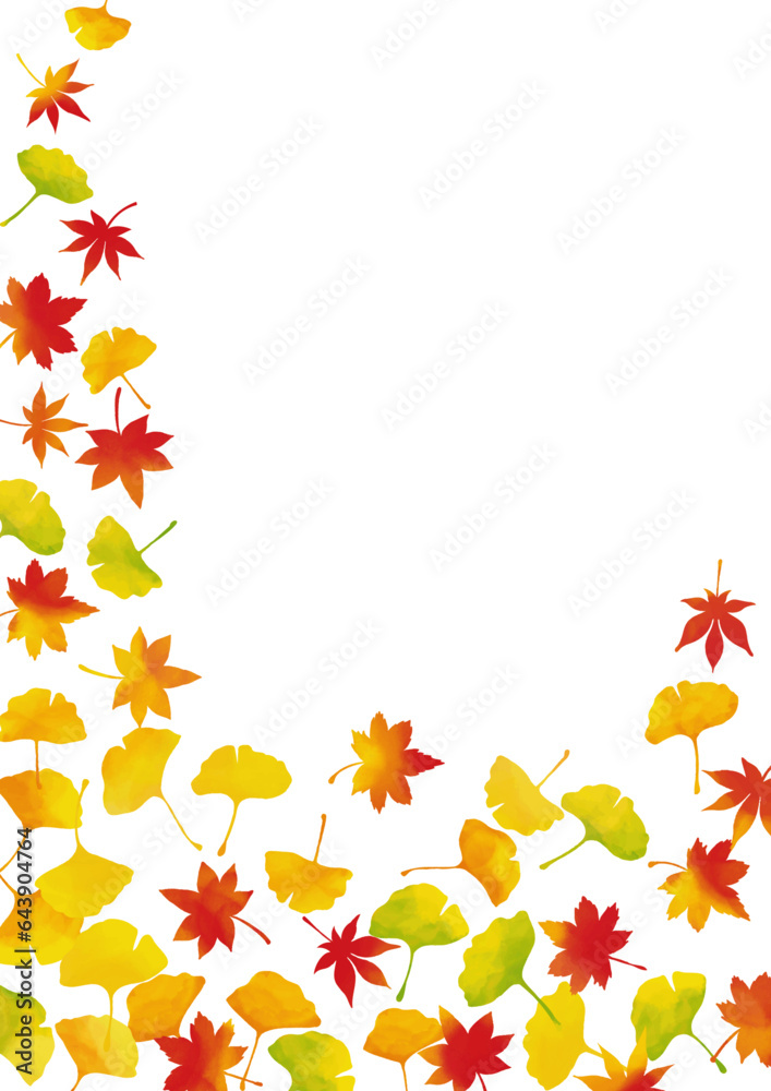 水彩風　秋の紅葉の葉っぱフレーム　縦1