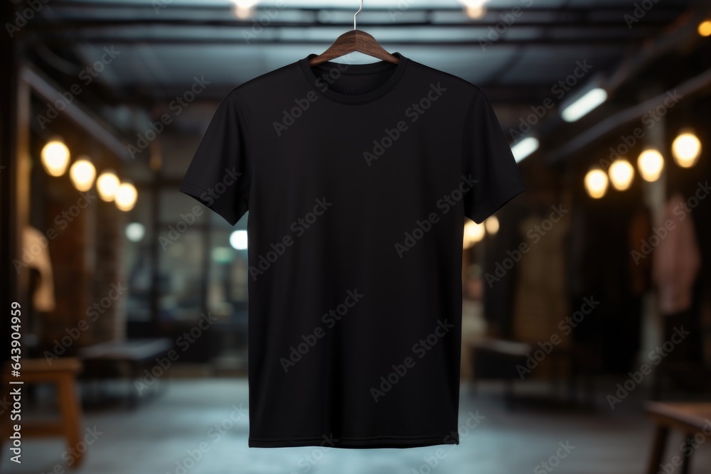 A mock-up of a black T-shirt is hanging on a hanger - obrazy, fototapety, plakaty 