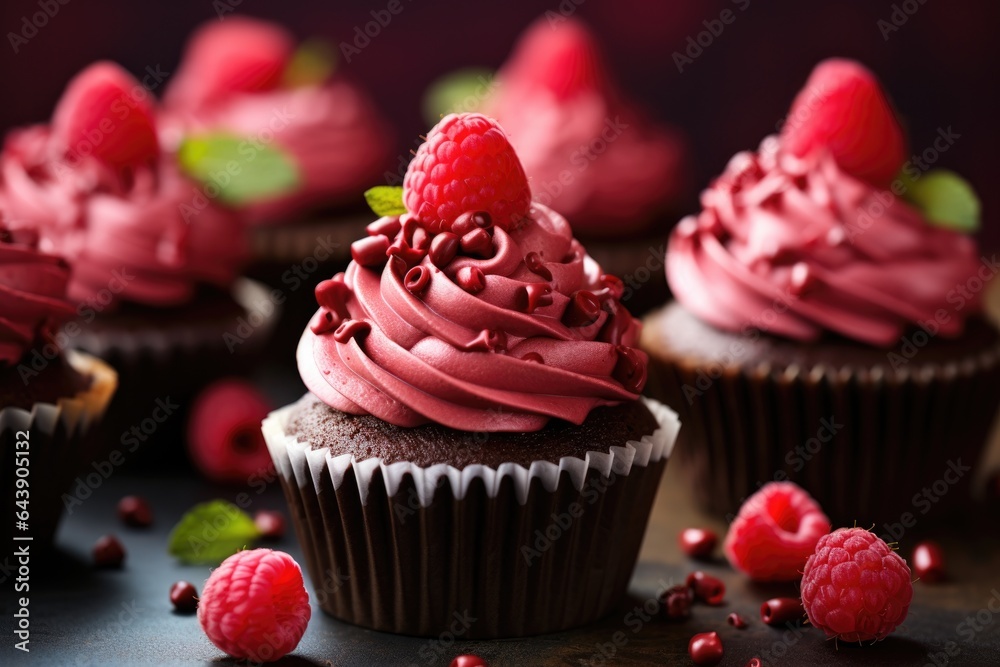 Close-up of delicious chocolate cupcakes with raspberries