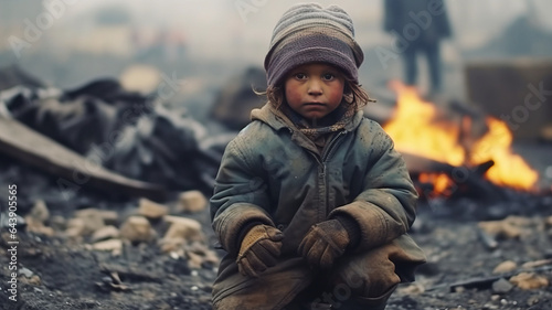 Hungry starving poor little child looking at the camera in the midst of war ruins.Generative ai