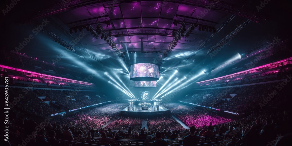 Esports Events Through the Lens of Cyberpunk Imagery. Competitive Gaming, a Digital Spectacle, Takes Center Stage in a Futuristic Esports Arena