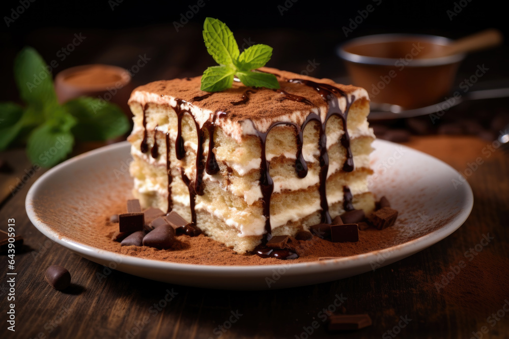 Multi-layered coffee cake in a plate on a wooden table Multi-layered coffee cake in a plate on a wooden table