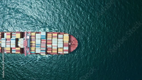 4K resolution high angle view of a container ship sailing at the sea for transportation.