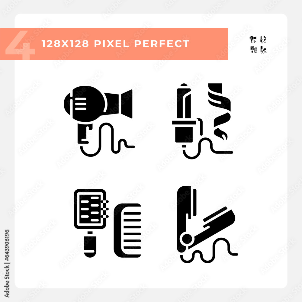 Pixel perfect glyph style icons pack representing haircare, simple black silhouette illustration.