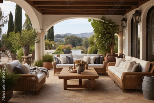 Open patio in Mediterranean style with comfortable armchairs © Julia Jones