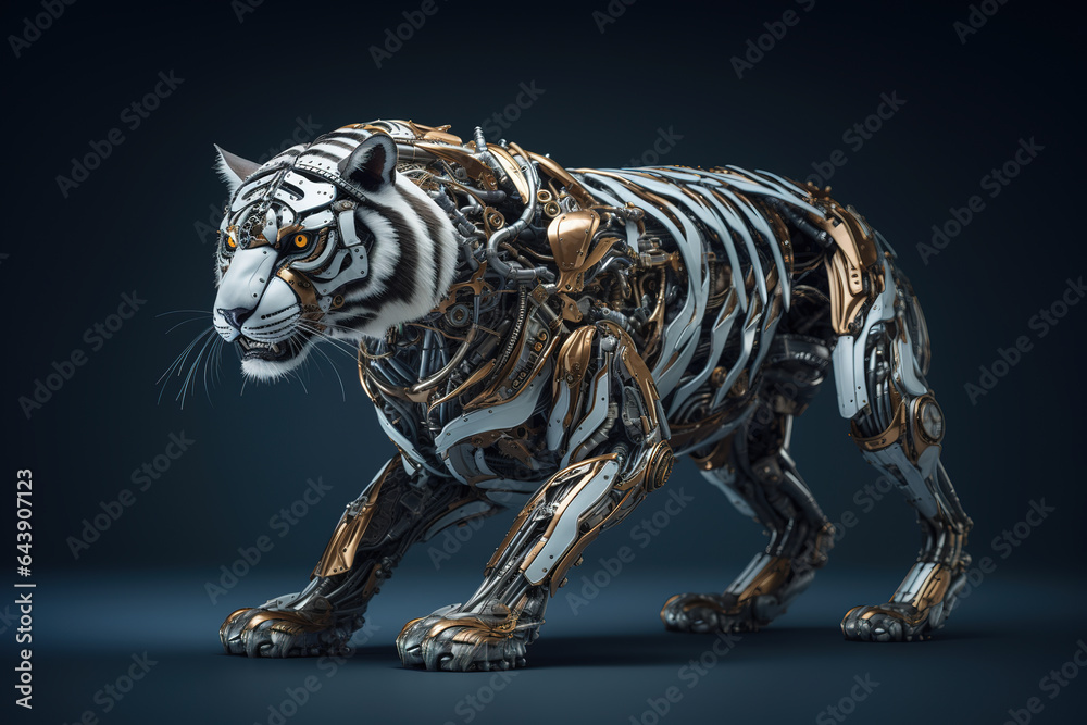 Image of tiger that is a futuristic machine of the future world. Wildlife Animals. Illustration, Generative AI. Image of tiger that is a futuristic machine of the future world. Wildlife Animals. Illustration, Generative AI.