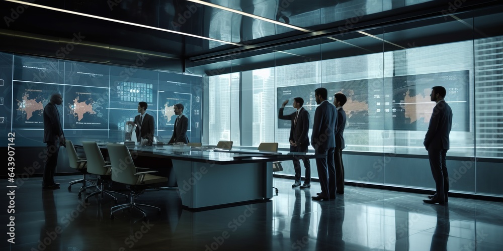 High-Stakes Business Meeting Unfolds in a Sleek, Glass-Walled Boardroom. Executives in Sharp Suits Delve into Strategic Discussions, with Digital Screens Displaying Charts and Graphs in the Background