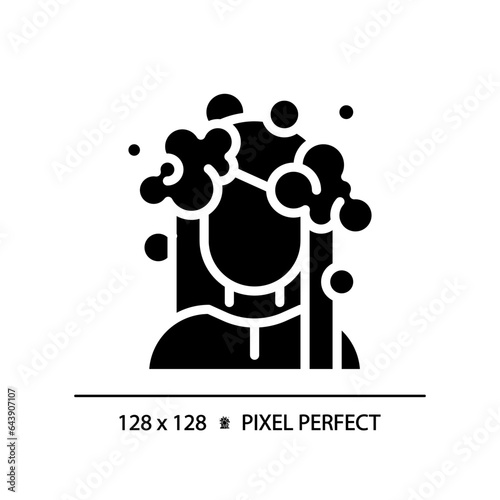 2D pixel perfect woman with foam hair wash glyph style icon, isolated vector, haircare simple black silhouette illustration.
