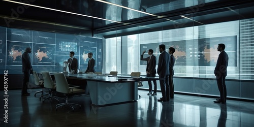 High-Stakes Business Meeting Unfolds in a Sleek, Glass-Walled Boardroom. Executives in Sharp Suits Delve into Strategic Discussions, with Digital Screens Displaying Charts and Graphs in the Background