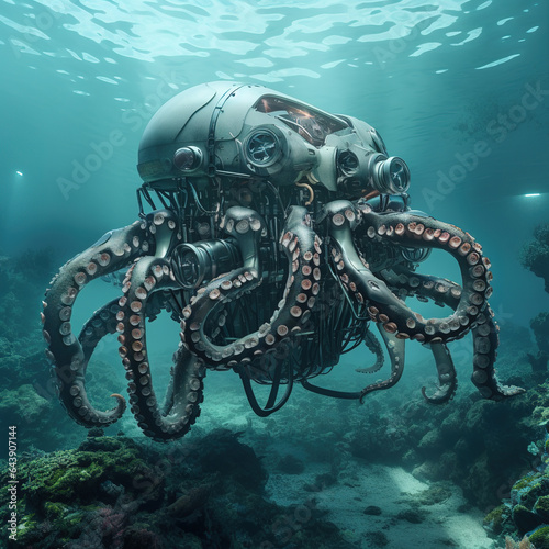 Image of octopus that is a futuristic machine of the future world. Undersea animals. Illustration, Generative AI.