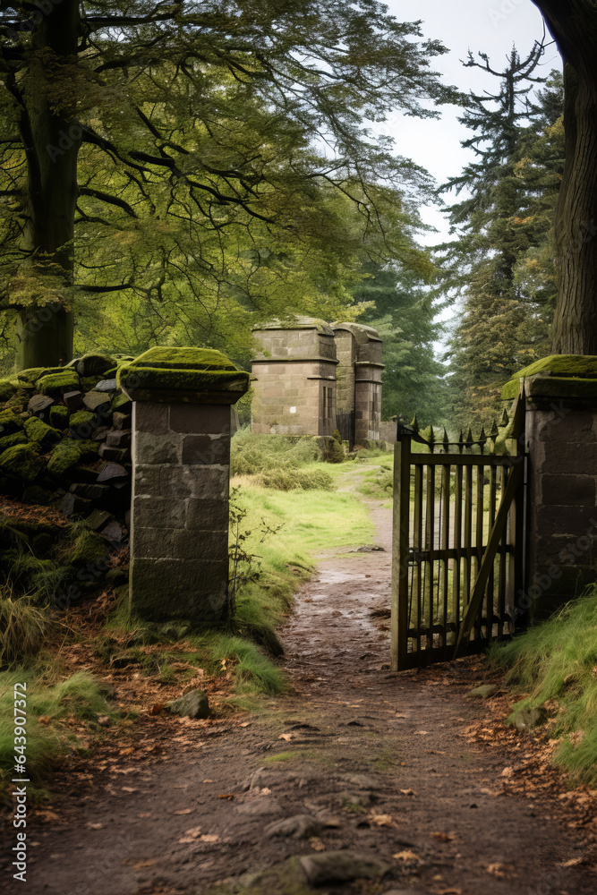 Obraz premium Stane entrance to an old graveyard. a stone building gaurds the entrance on the right, iron gates