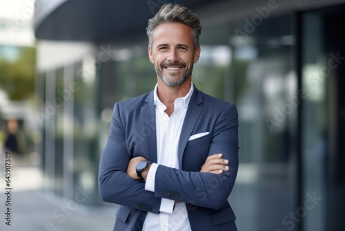 A businessman standing outside of an office..