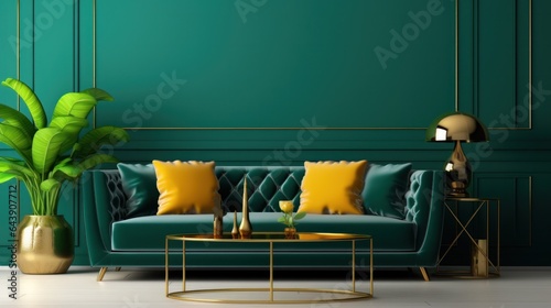 Modern living room in emerald colors