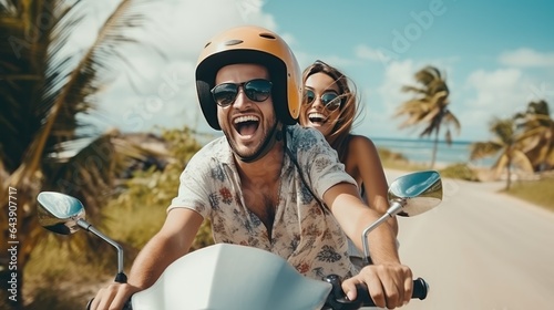 Happy young couple riding a moped in a tropical country photo